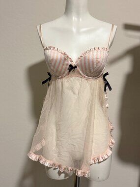 Victorias Secret Sheer Baby Doll Lingerie Pink & White Striped Size 36B